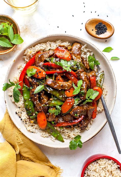 How many protein are in thai citrus beef stir fry with rice - calories, carbs, nutrition
